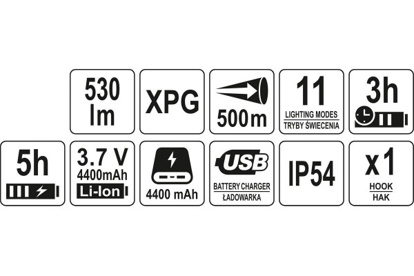 Ліхтар LED-діодний акумулятор YATO Li-Ion 3.7 В, 15 Вт, 600-1200 Лм, з ручкою, зарядний USB пристрій