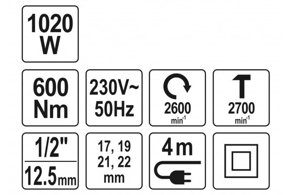 Гайковерт ударний мережевий YATO 1/2" 1020 Вт 600 Нм 2600 об/хв + 4 головки і кейс