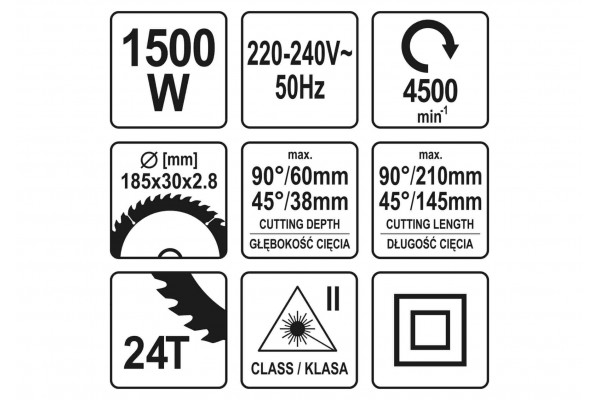 Пила торцьовальна з лазером YATO 1.5 кВт диск 185 x 30 мм
