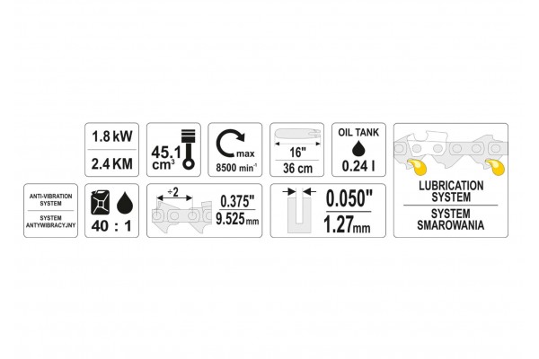 Бензопила ланцюгова YATO 45.1 см³ 1.8 кВт шина- 16" (36 см)