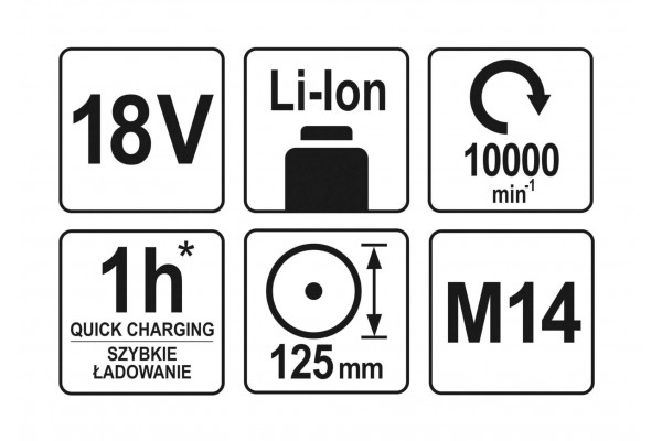 Шліфмашина кутова акумуляторна YATO Li-Ion 18 В (без акумулятора і зарядного пристрою)
