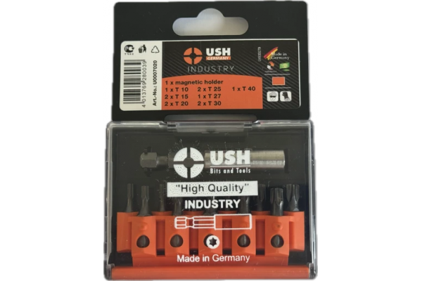 Насадки викруткові Industry USH: 1/4" з магнітним тримачем, T10, T15, T20, T25, Т27, T30, T40, 12ел.