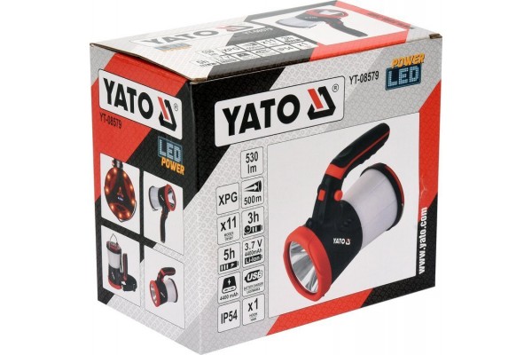 Ліхтар LED-діодний акумулятор YATO Li-Ion 3.7 В, 15 Вт, 600-1200 Лм, з ручкою, зарядний USB пристрій