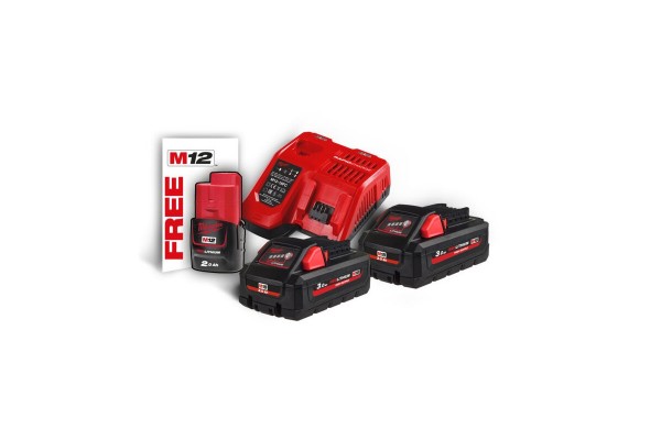 Енергокомплект акумуляторний Li-Ion MILWAUKEE, M18 HNRG-302 (+заряд.пристрій, 2 акум. M18 HB3(3Аг), 1 акум. M12 B2 2А