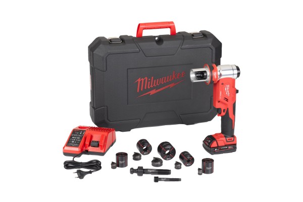 Акумуляторний гідравлічний пробійник MILWAUKEE M18 HKP-201CA (+ заряд.пристрій, 1 акум., 2 шпильки. Конектор, кульова тяга, адап