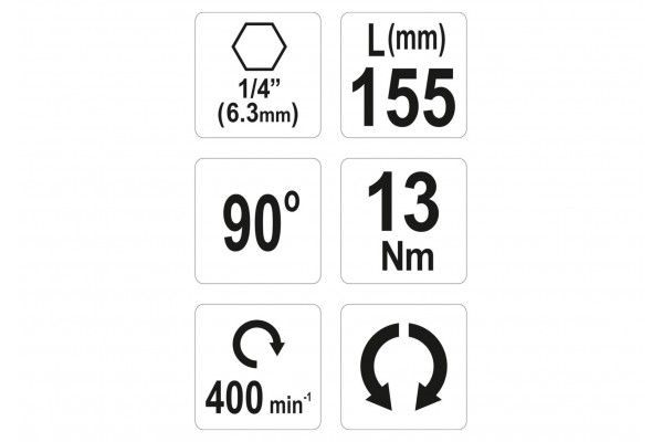 Кутовий тримач-адаптер YATO HEX - 1/4" 155 мм 13 Нм під кутом 90°