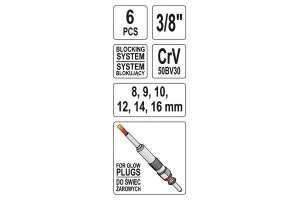 Набір ключів для свічок накалу YATO 3/8" 6 шт