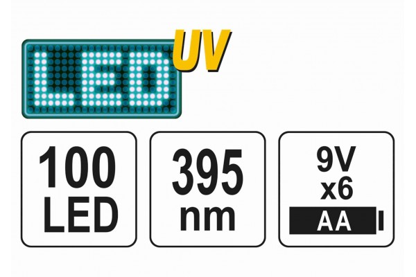 Ліхтар ультрафіолетовий з окулярами для перевірки банкнот YATO 100 LED 6 x AA 395 нм