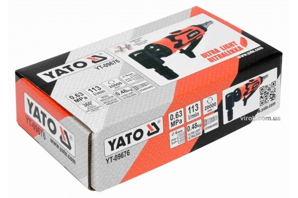 Шліфмашина пневматична кутова YATO 1/4" 20000 об/хв 113 л/хв