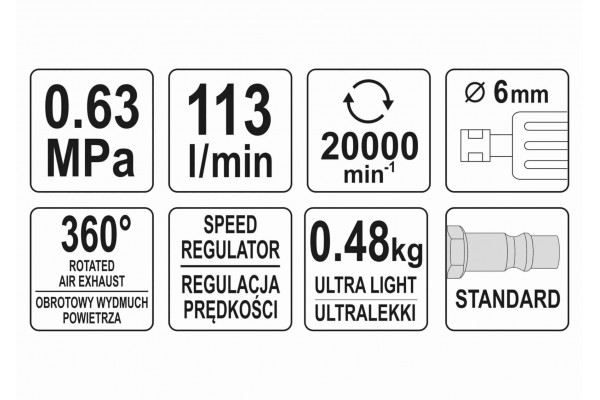 Шліфмашина пневматична кутова YATO 1/4" 20000 об/хв 113 л/хв
