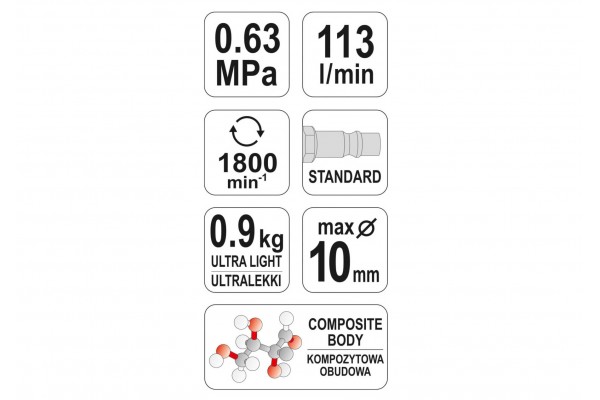 Дриль пневматичний YATO 1/4" 10 мм 1800 об/хв 113 л/хв