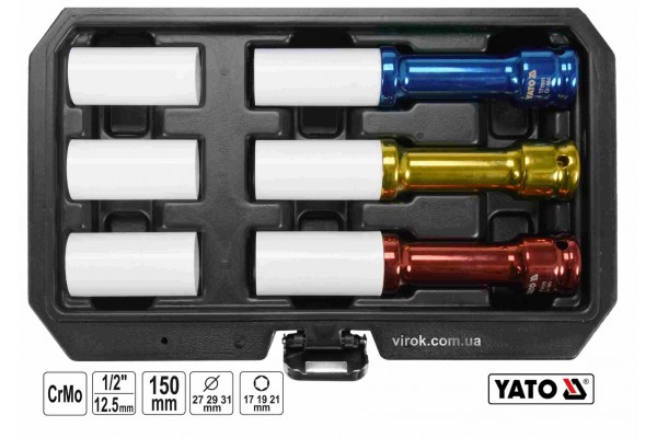 Головки торцеві ударні для алюмінієвих дисків YATO 1/2" 17/19/21 мм 150 мм 6 шт