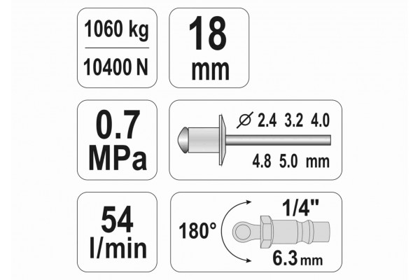 Пневмозаклепочник YATO для заклепок 2.4-5 мм 54 л/хв