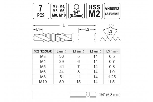 Набір свердл-мітчиків YATO М3-М10 HSS М2 HEX-1/4" з подовжувачем 60 мм 7 шт